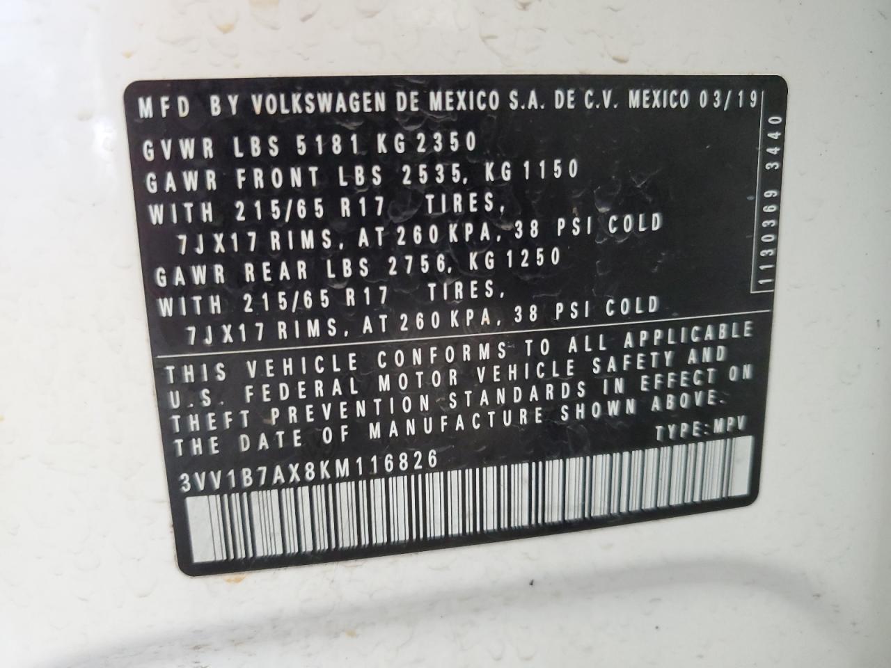 2019 Volkswagen Tiguan S VIN: 3VV1B7AX8KM116826 Lot: 86462005