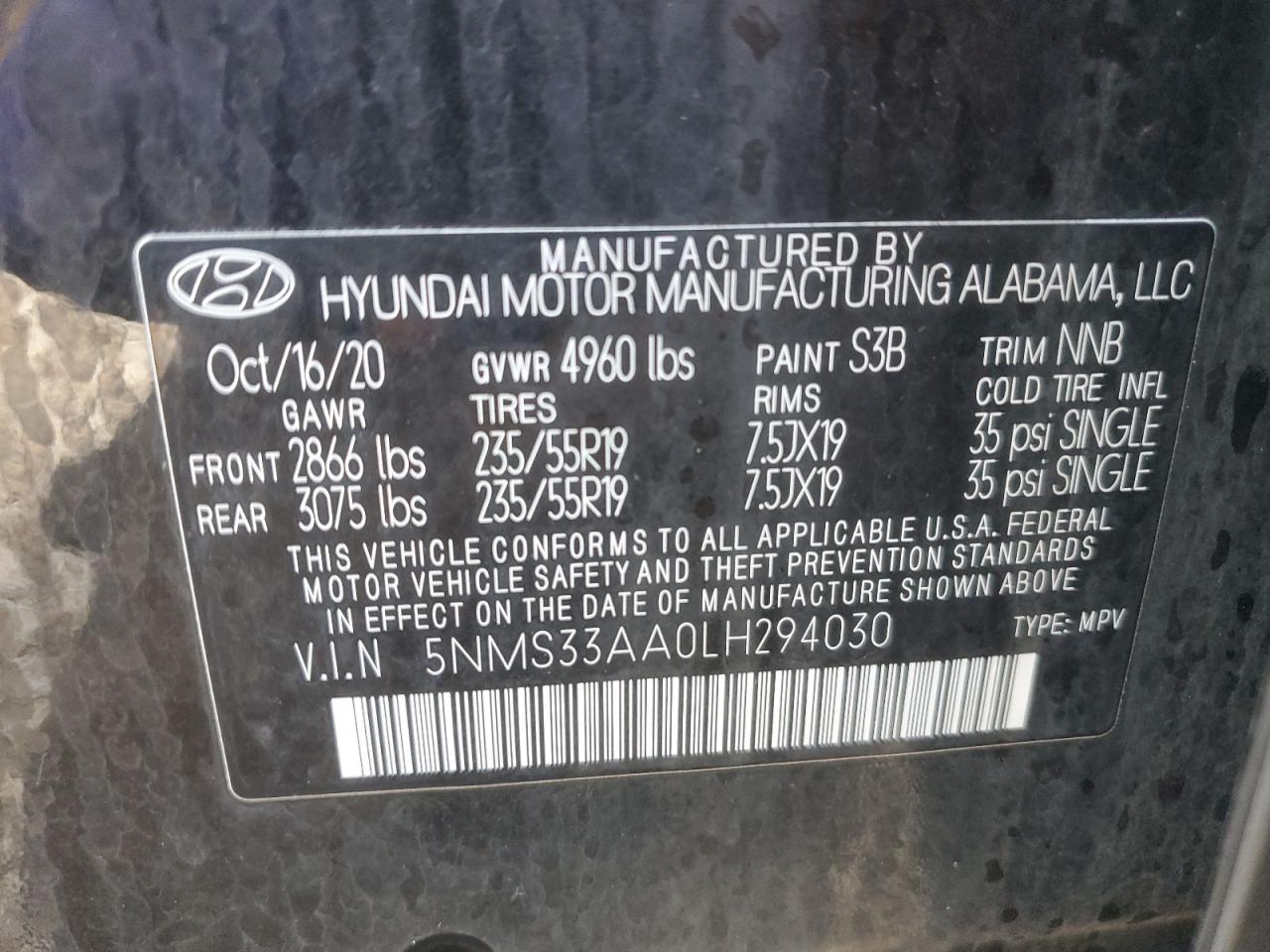 2020 Hyundai Santa Fe Sel VIN: 5NMS33AA0LH294030 Lot: 82460545