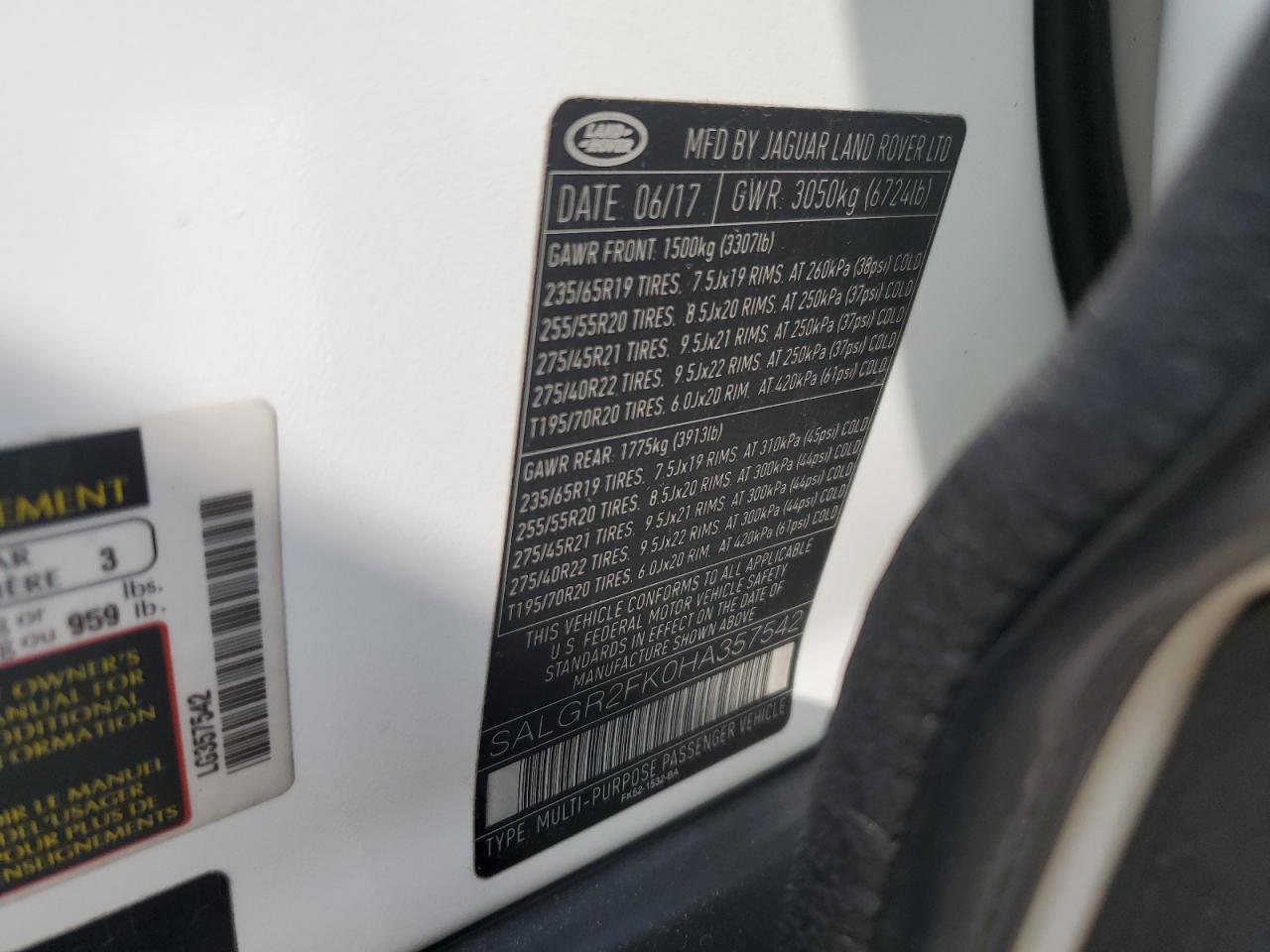 2017 Land Rover Range Rover VIN: SALGR2FK0HA357542 Lot: 86658195