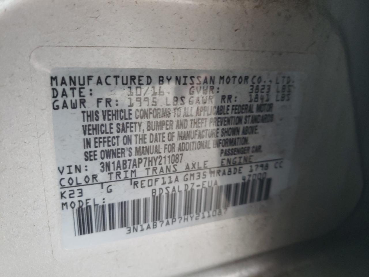 2017 Nissan Sentra S VIN: 3N1AB7AP7HY211087 Lot: 82268155