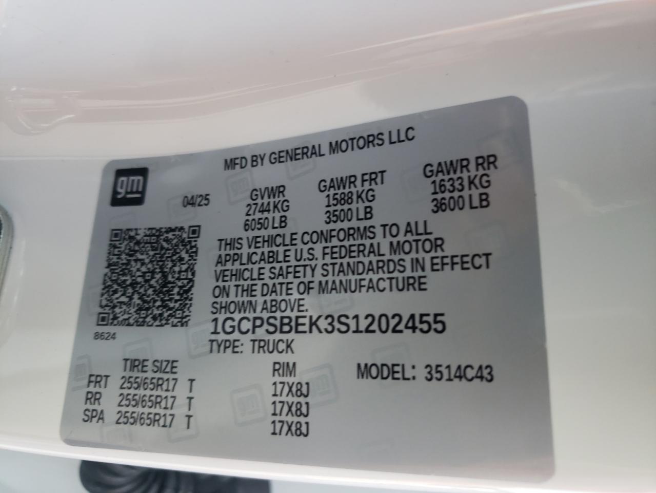 2025 Chevrolet Colorado VIN: 1GCPSBEK3S1202455 Lot: 84790955