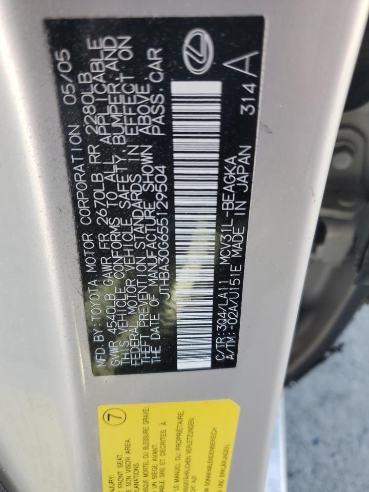 2005 Lexus Es 330 VIN: JTHBA30G655129504 Lot: 85191035