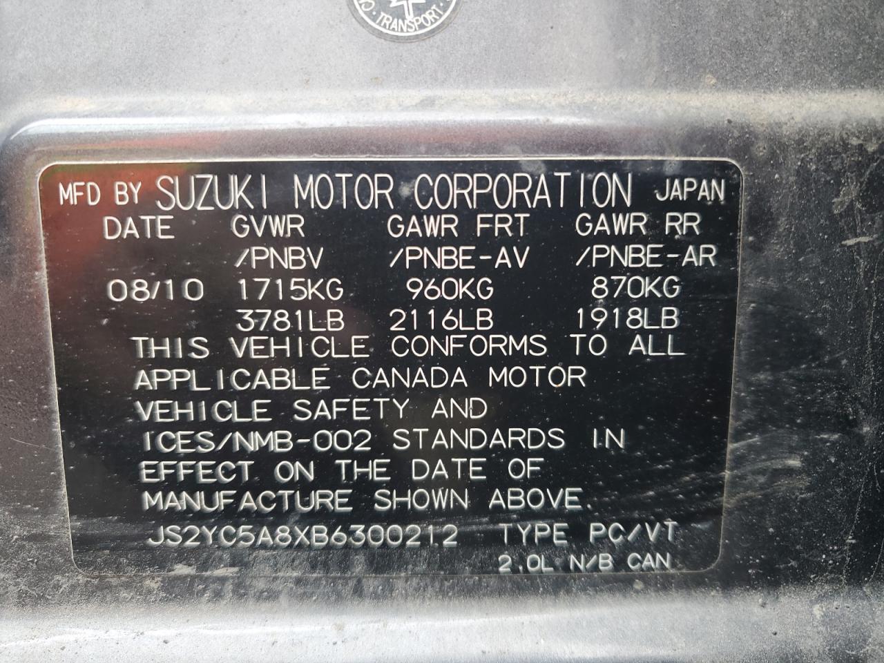 2011 Suzuki Sx4 Sport VIN: JS2YC5A8XB6300212 Lot: 82225655