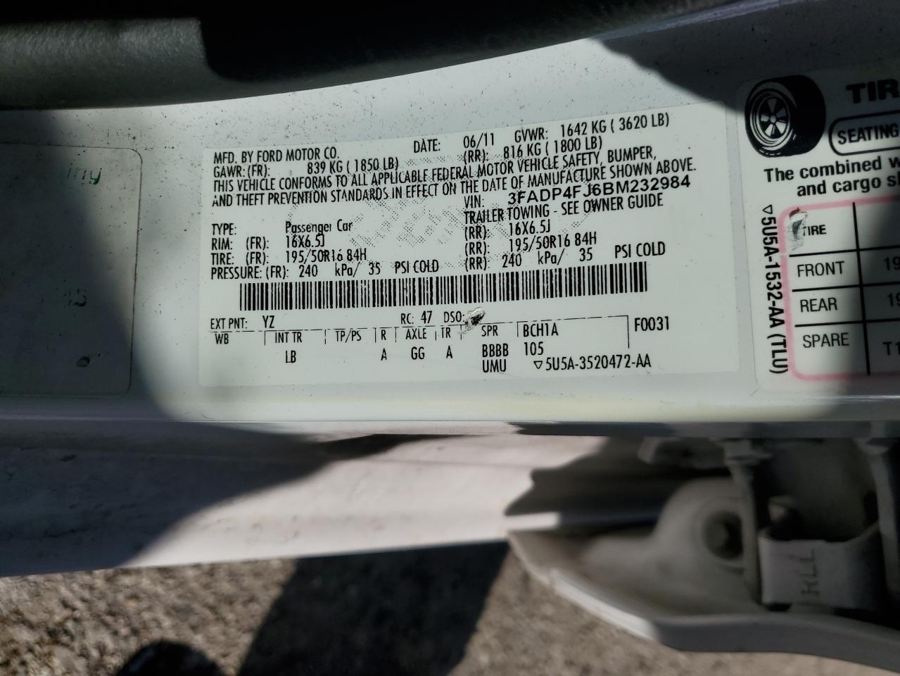 2011 Ford Fiesta Ses VIN: 3FADP4FJ6BM232984 Lot: 82447835