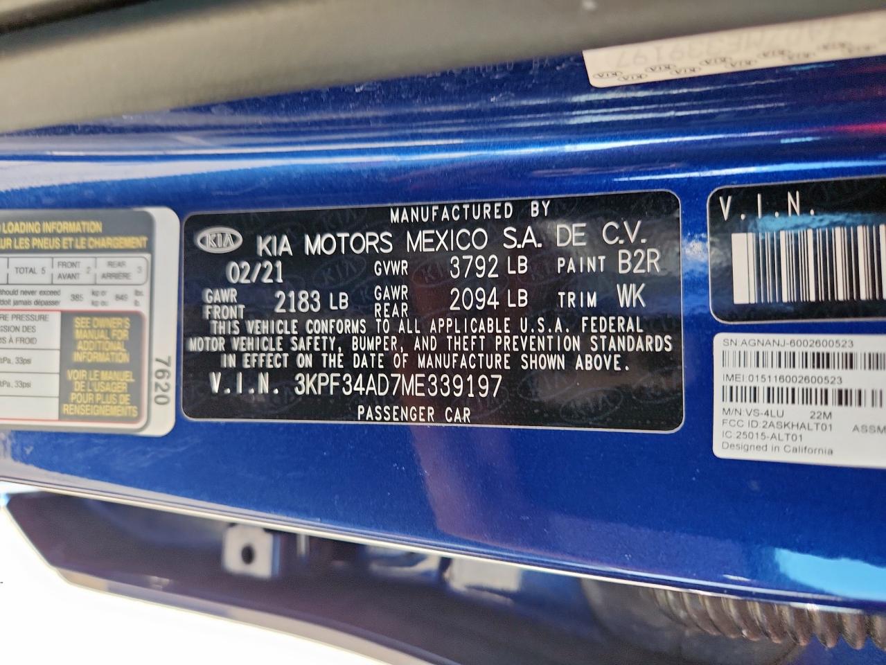 2021 Kia Forte Gt Line VIN: 3KPF34AD7ME339197 Lot: 84987065