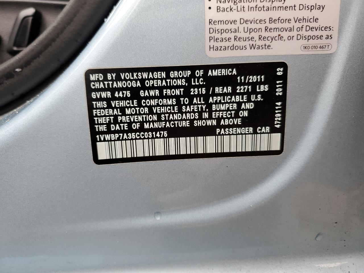 2012 Volkswagen Passat Se VIN: 1VWBP7A35CC031475 Lot: 86620205