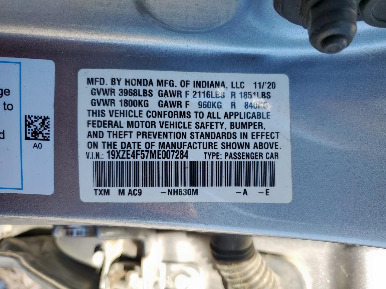 2021 Honda Insight Ex VIN: 19XZE4F57ME007284 Lot: 90135925