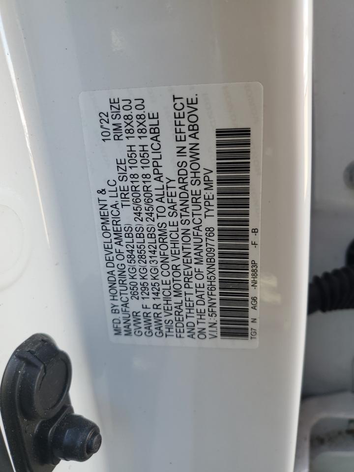 2022 Honda Pilot Exl VIN: 5FNYF6H5XNB097768 Lot: 90543185