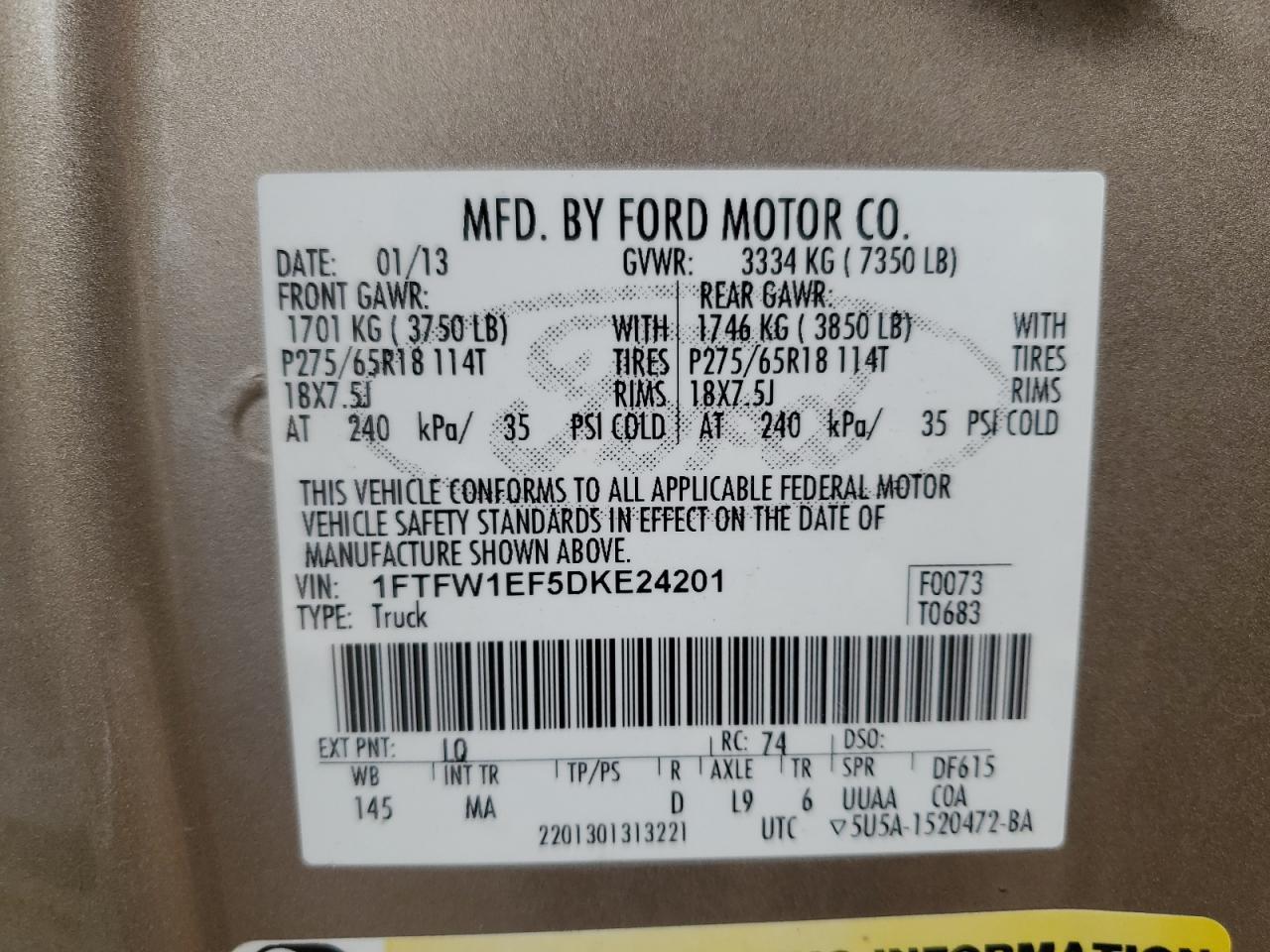 2013 Ford F150 Supercrew VIN: 1FTFW1EF5DKE24201 Lot: 85597595