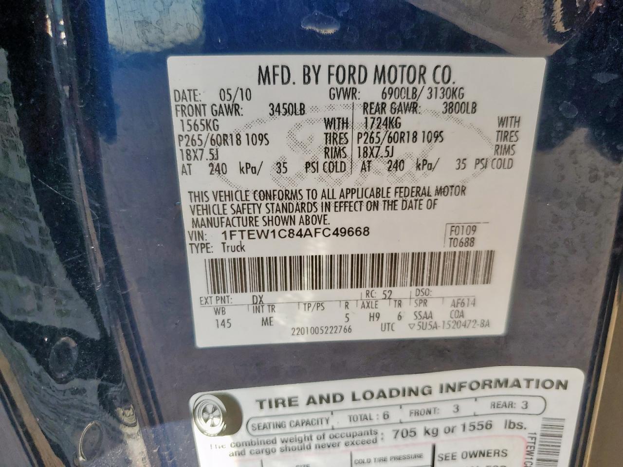 2010 Ford F150 Supercrew VIN: 1FTEW1C84AFC49668 Lot: 86086695