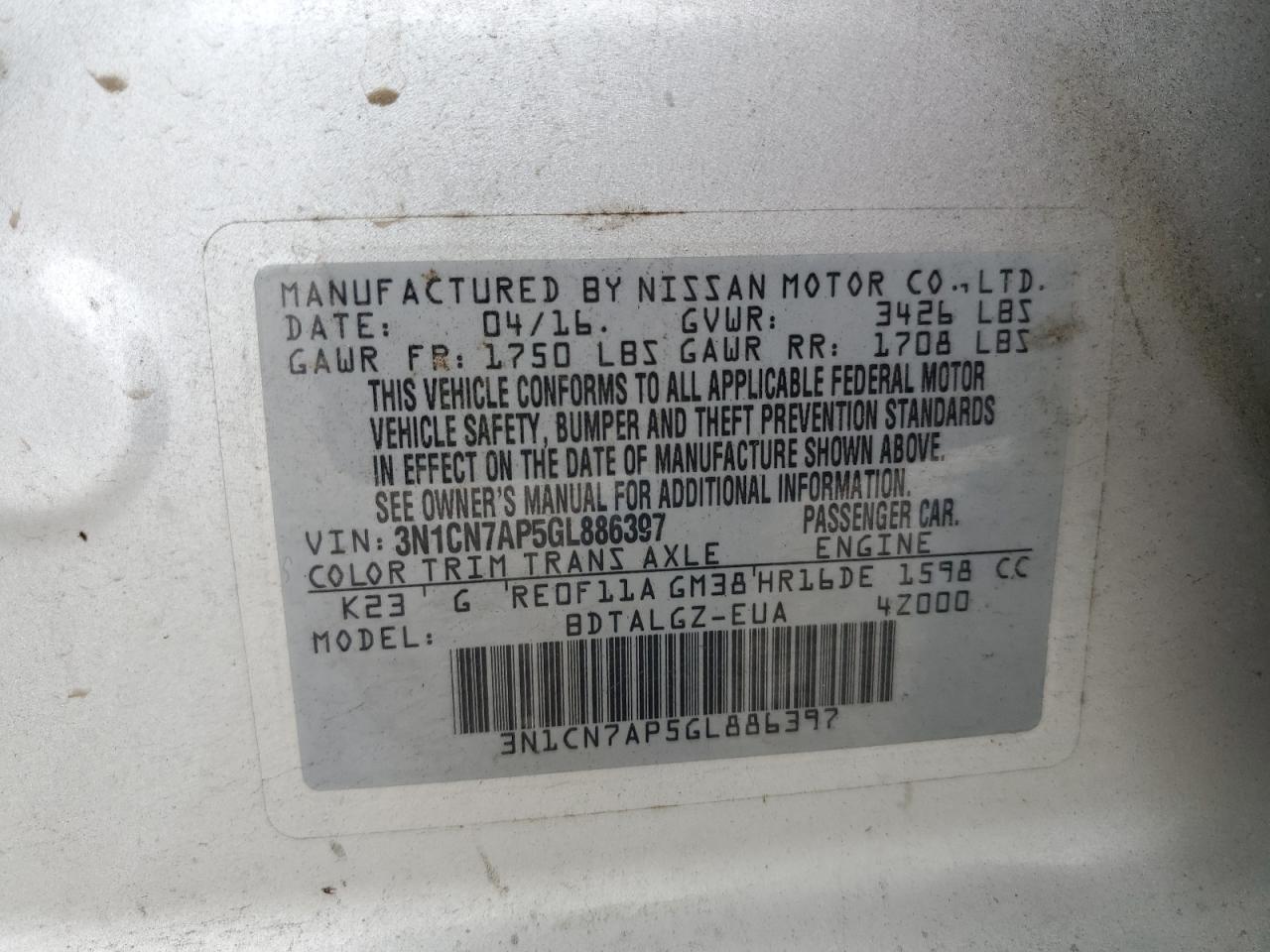 2016 Nissan Versa S VIN: 3N1CN7AP5GL886397 Lot: 85686915