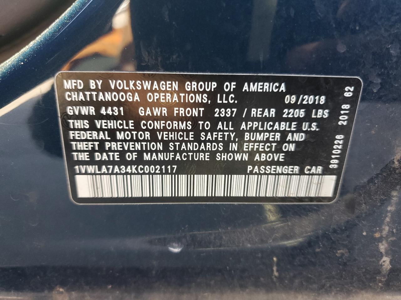 2019 Volkswagen Passat Wolfsburg VIN: 1VWLA7A34KC002117 Lot: 81999595