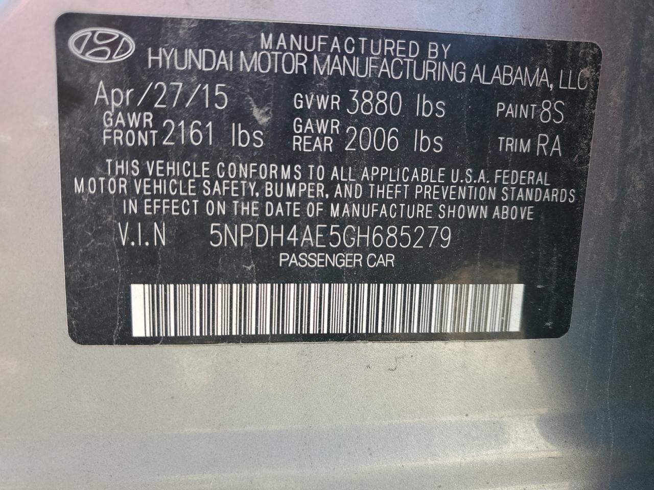 2016 Hyundai Elantra Se VIN: 5NPDH4AE5GH685279 Lot: 85182795