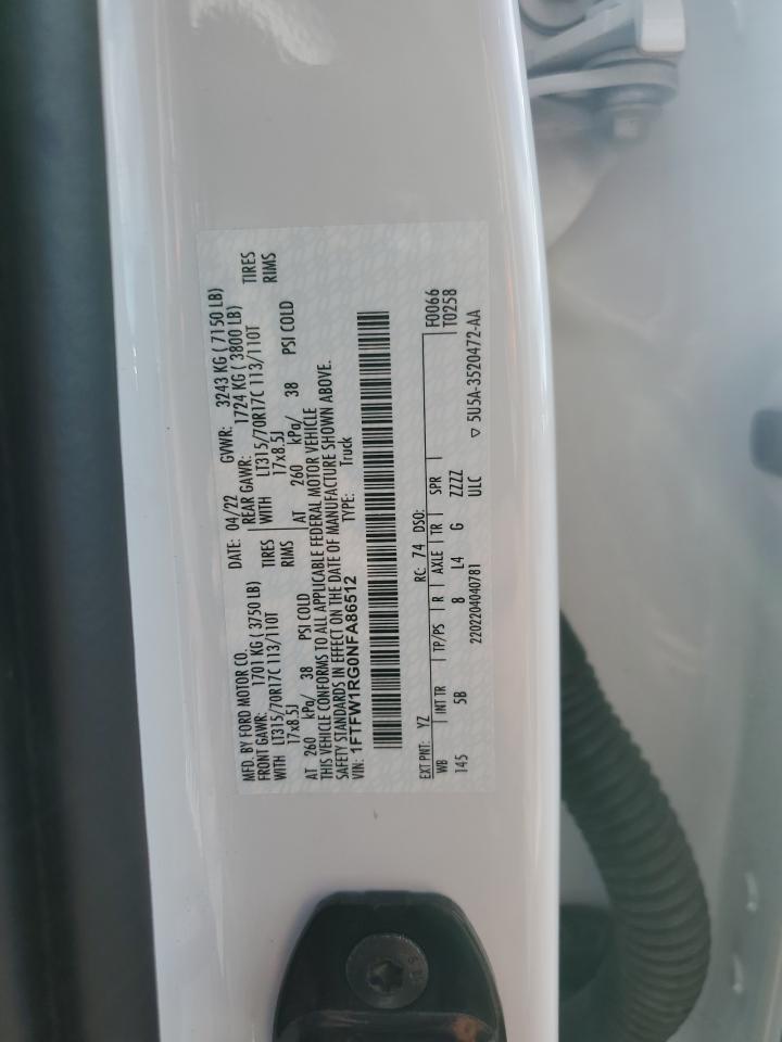 2022 Ford F150 Raptor VIN: 1FTFW1RG0NFA86512 Lot: 85730245