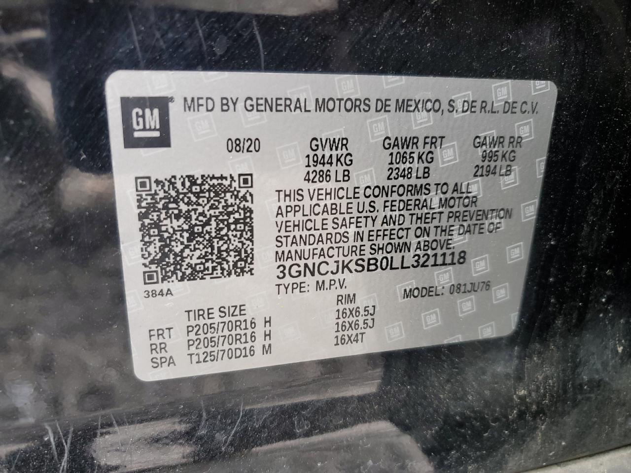 2020 Chevrolet Trax Ls VIN: 3GNCJKSB0LL321118 Lot: 84915925