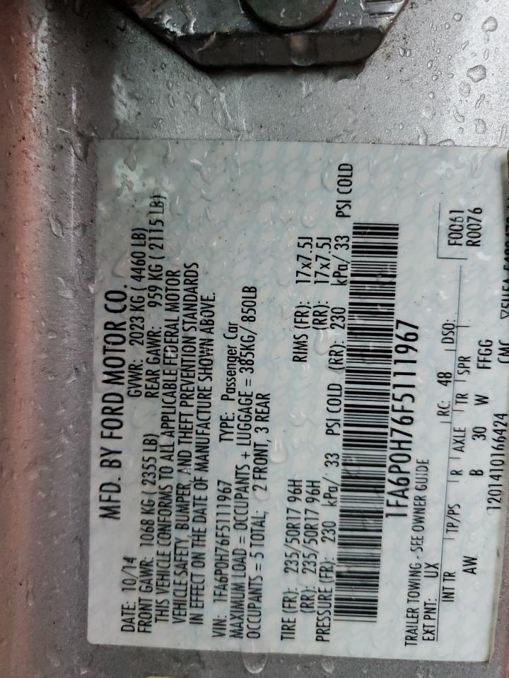 2015 Ford Fusion Se VIN: 1FA6P0H76F5111967 Lot: 85341085