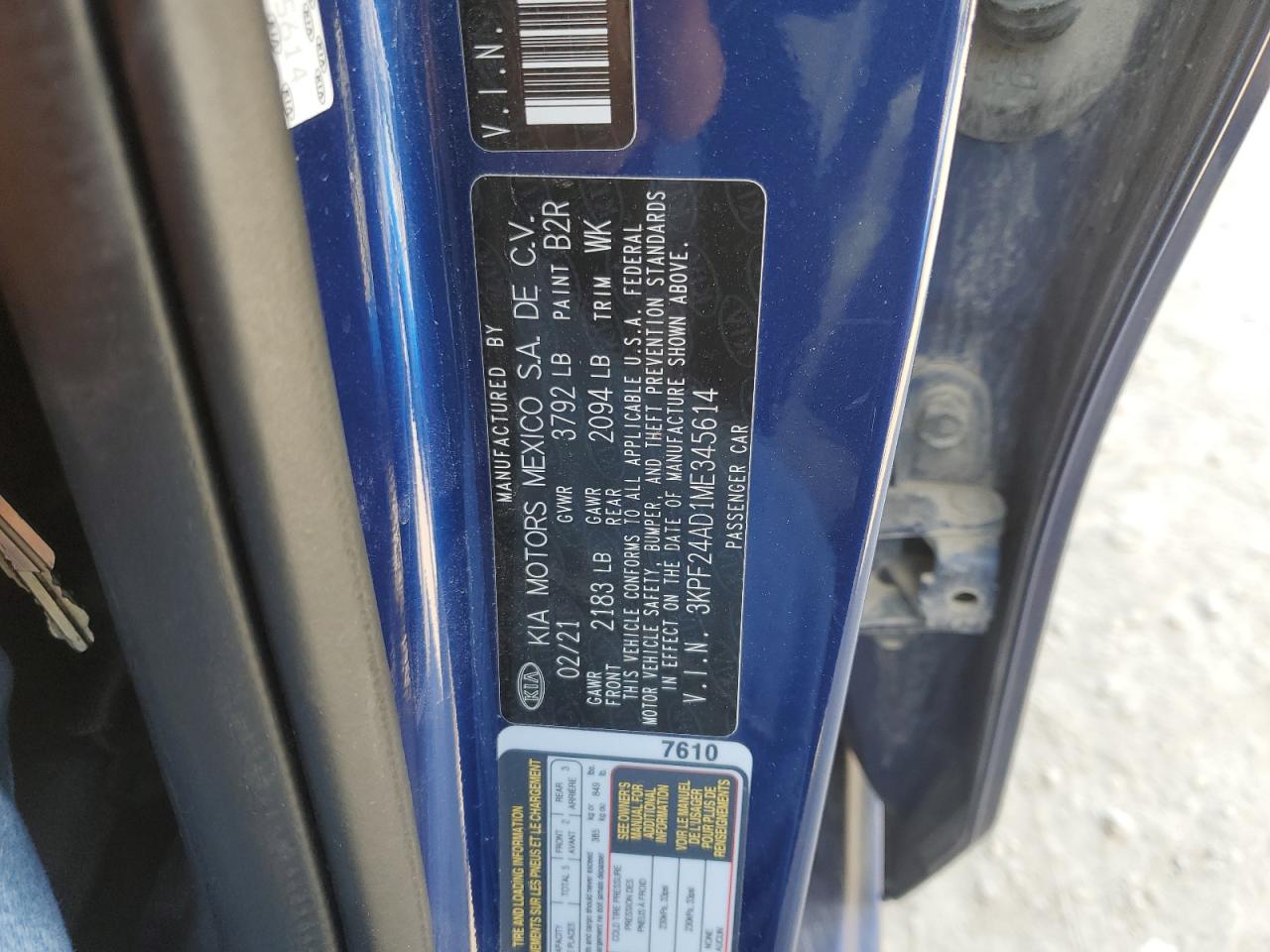 2021 Kia Forte Fe VIN: 3KPF24AD1ME345614 Lot: 85161445