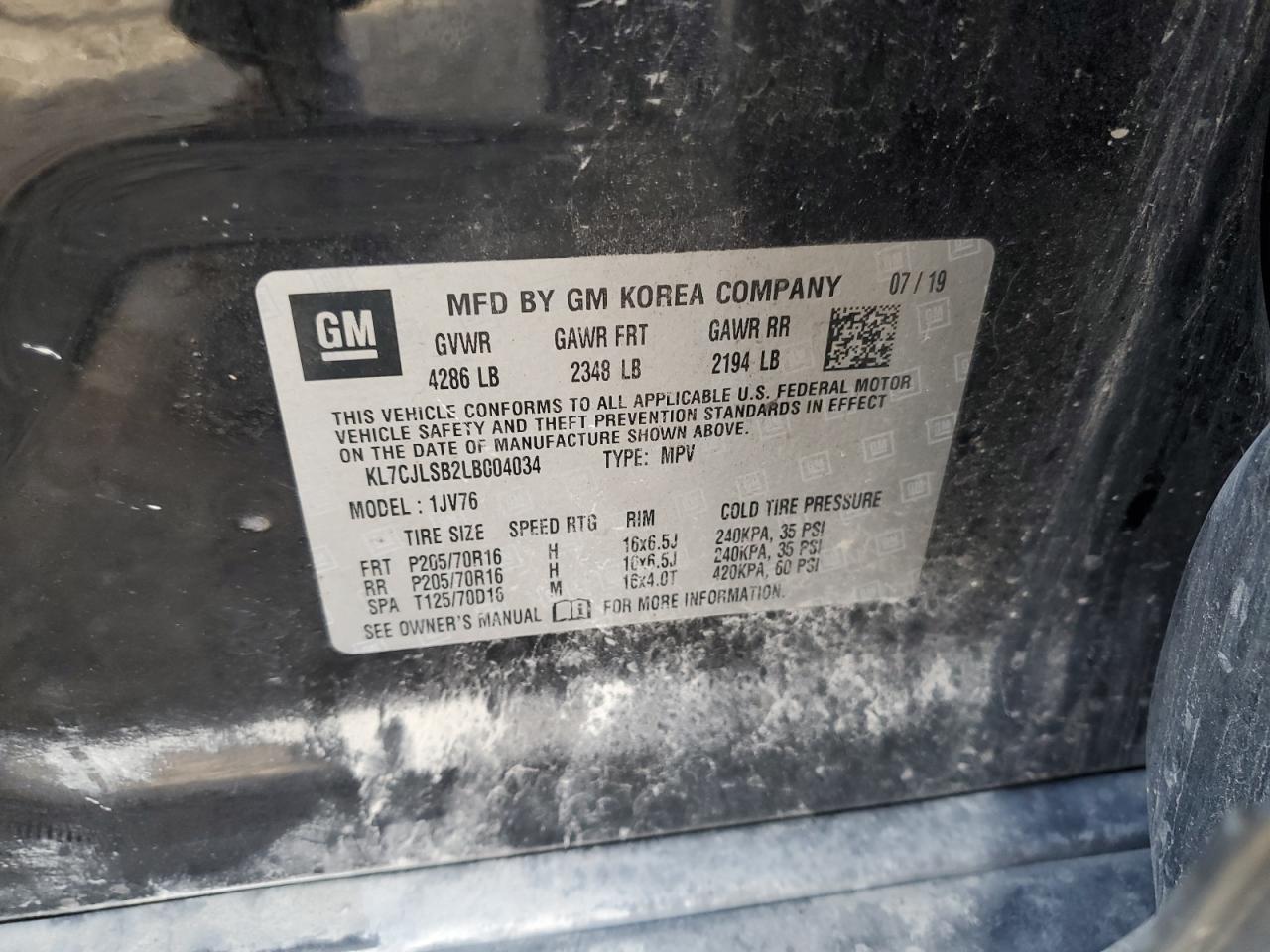 2020 Chevrolet Trax 1Lt VIN: KL7CJLSB2LBC04034 Lot: 82701275