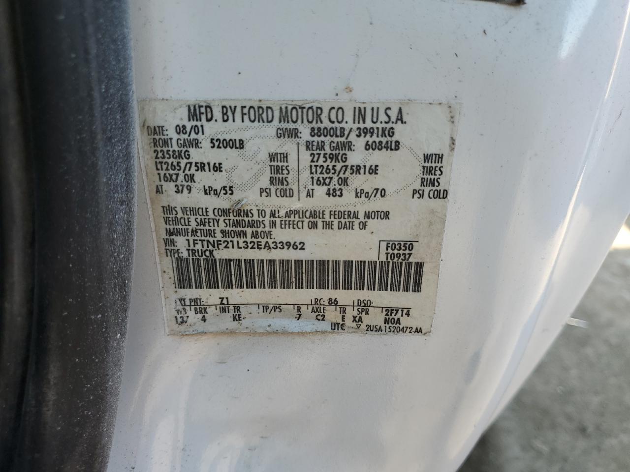 2002 Ford F250 Super Duty VIN: 1FTNF21L32EA33962 Lot: 85117545