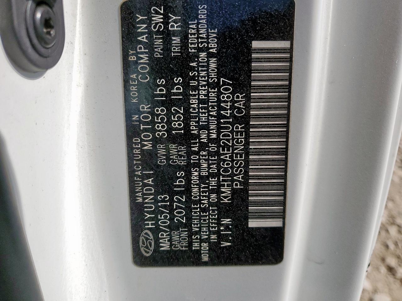 2013 Hyundai Veloster Turbo VIN: KMHTC6AE2DU144807 Lot: 86144025