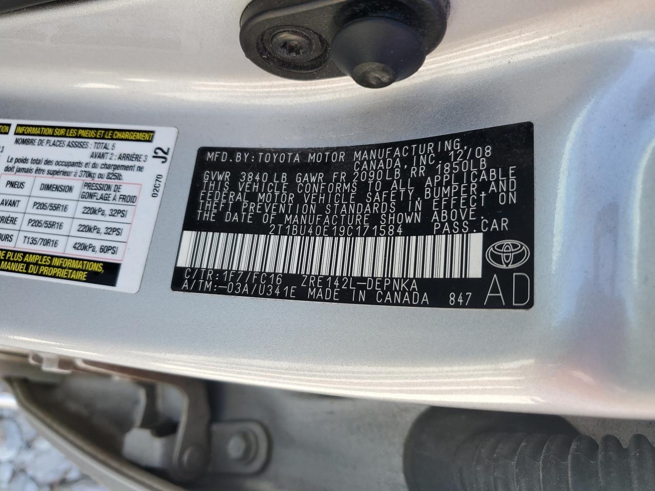 2009 Toyota Corolla Base VIN: 2T1BU40E19C171584 Lot: 86487735