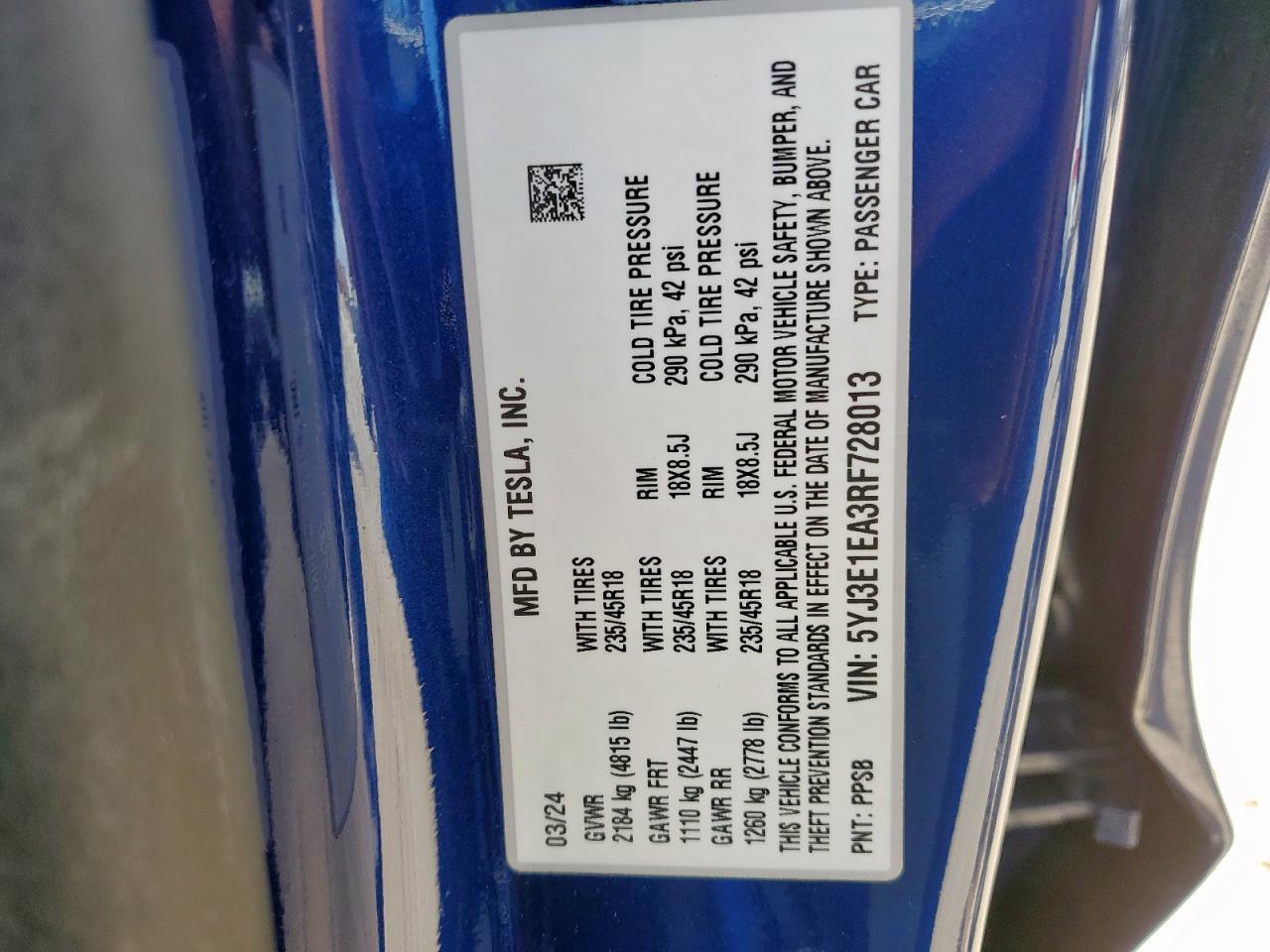 2024 Tesla Model 3 VIN: 5YJ3E1EA3RF728013 Lot: 85557205