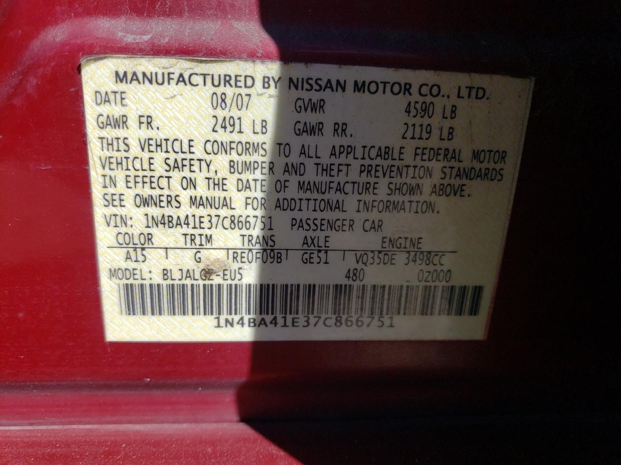 2007 Nissan Maxima Se VIN: 1N4BA41E37C866751 Lot: 87372595