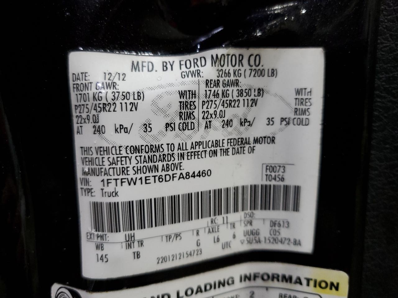 2013 Ford F150 Supercrew VIN: 1FTFW1ET6DFA84460 Lot: 87234495