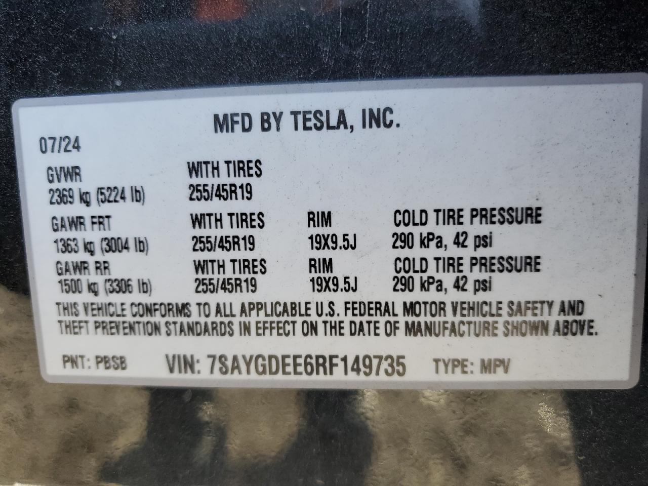 2024 Tesla Model Y VIN: 7SAYGDEE6RF149735 Lot: 85710545