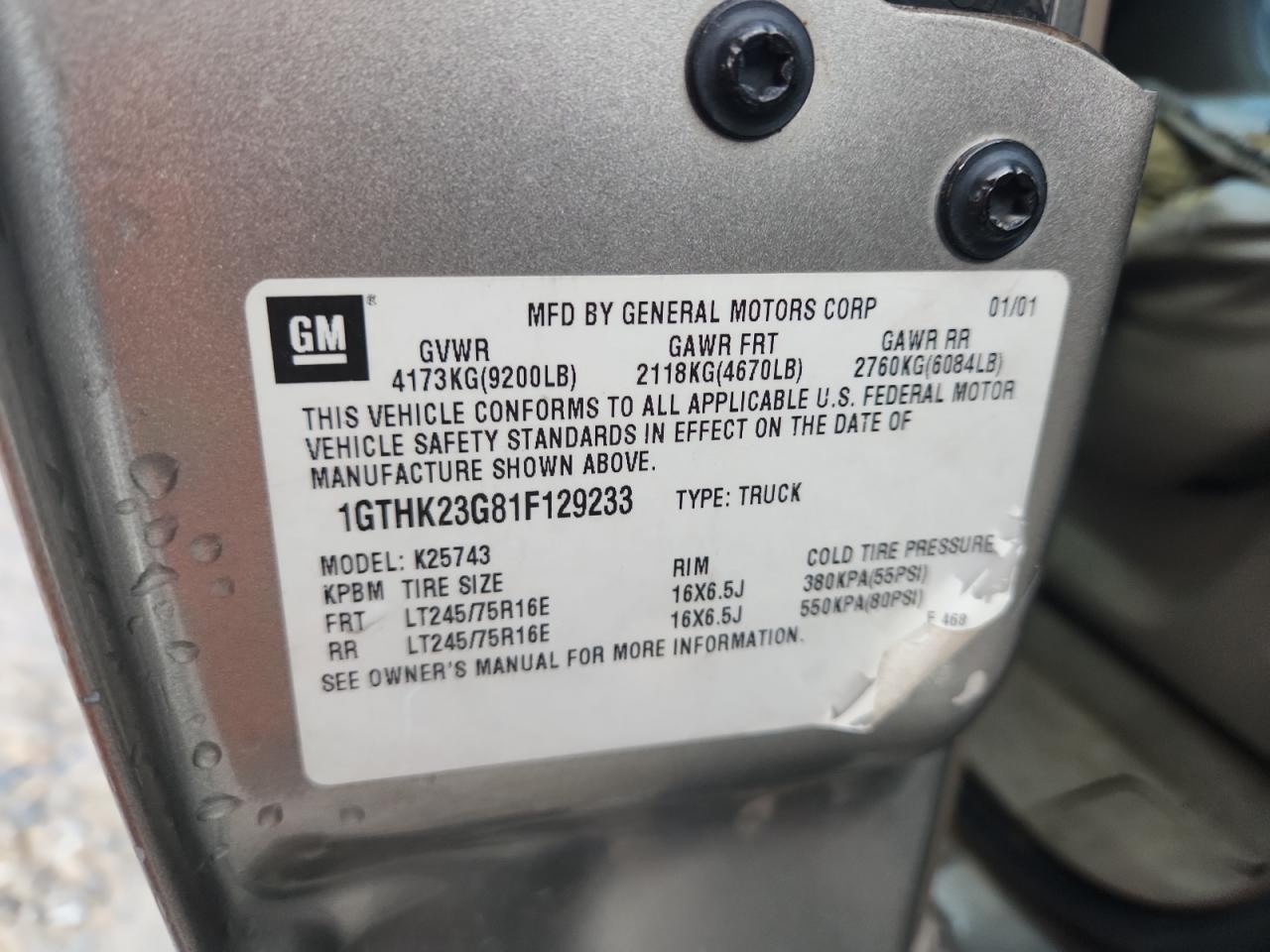 2001 GMC Sierra K2500 Heavy Duty VIN: 1GTHK23G81F129233 Lot: 86840175