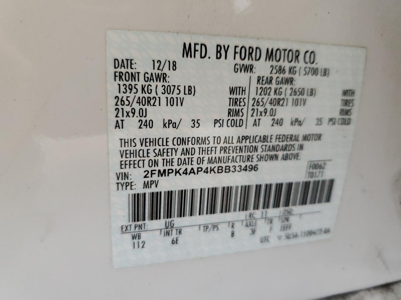 2019 Ford Edge St VIN: 2FMPK4AP4KBB33496 Lot: 86321865