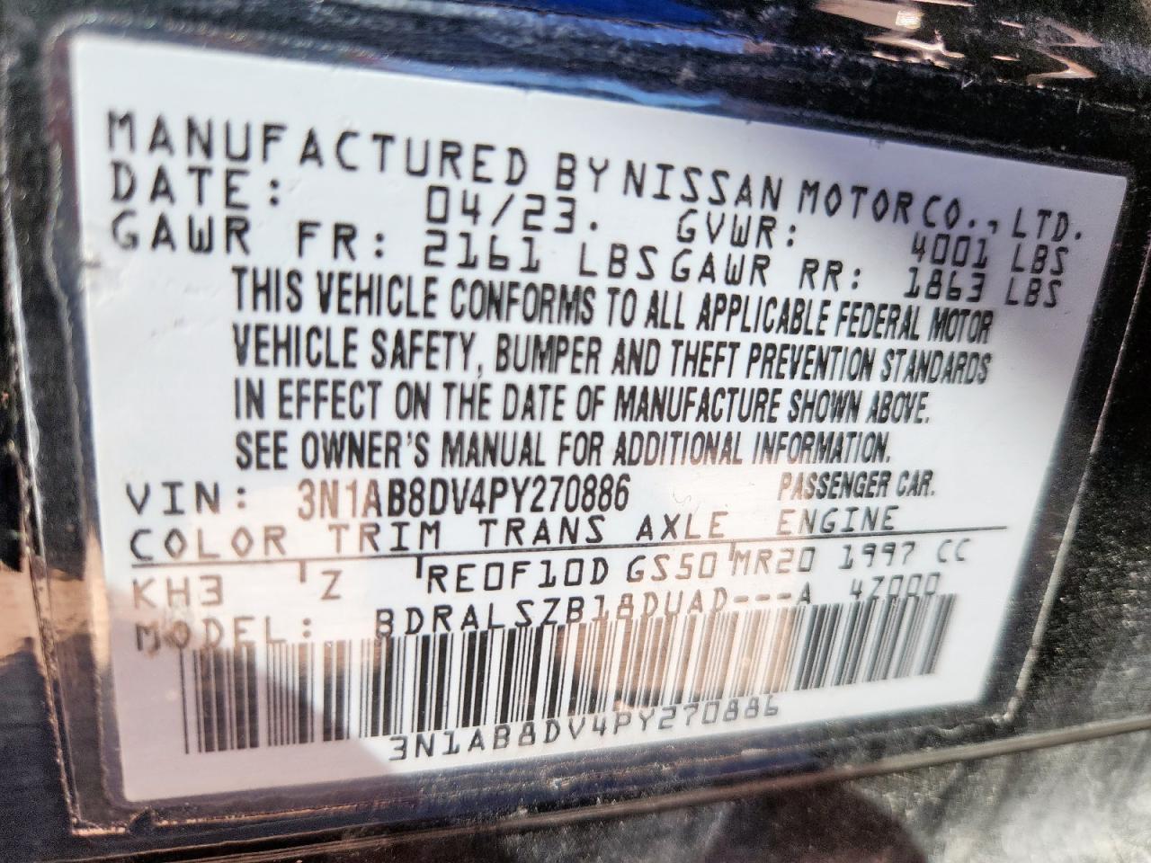 2023 Nissan Sentra Sr VIN: 3N1AB8DV4PY270886 Lot: 82358175