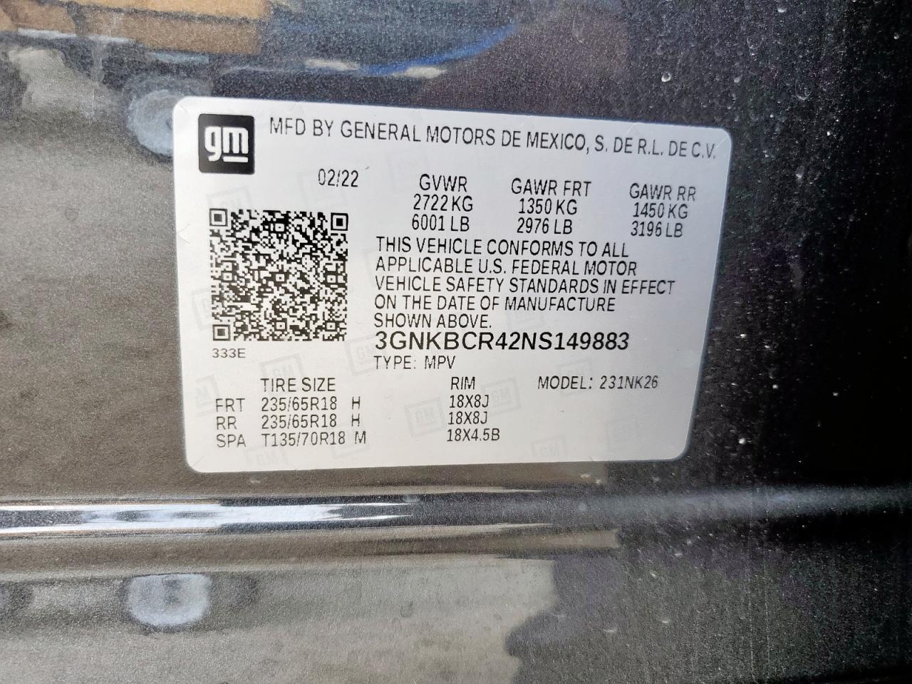 2022 Chevrolet Blazer 2Lt VIN: 3GNKBCR42NS149883 Lot: 85716885