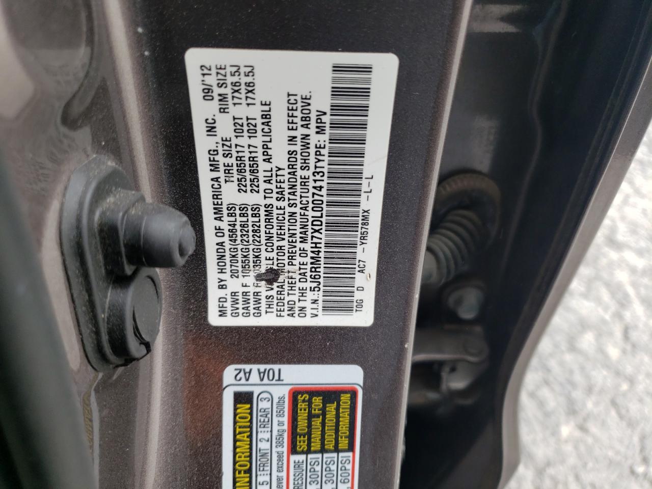 2013 Honda Cr-V Exl VIN: 5J6RM4H7XDL007413 Lot: 86243855