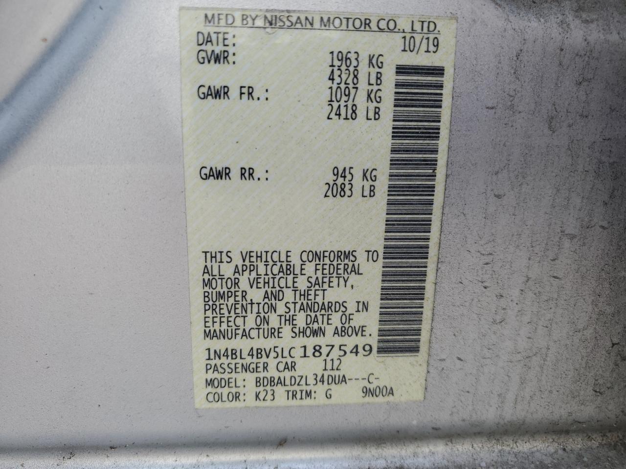 2020 Nissan Altima S VIN: 1N4BL4BV5LC187549 Lot: 82375445