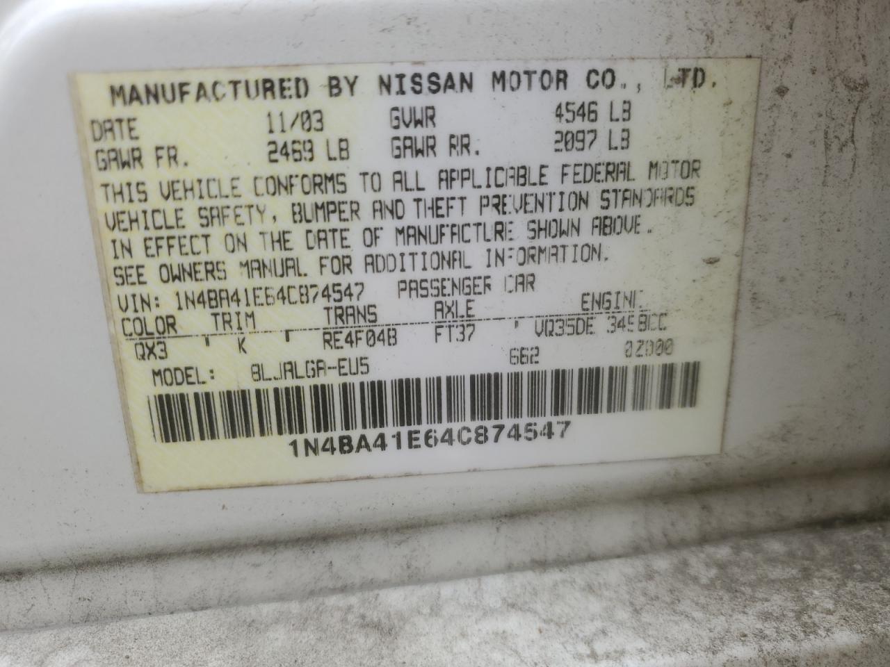 2004 Nissan Maxima Se VIN: 1N4BA41E64C874547 Lot: 90575995