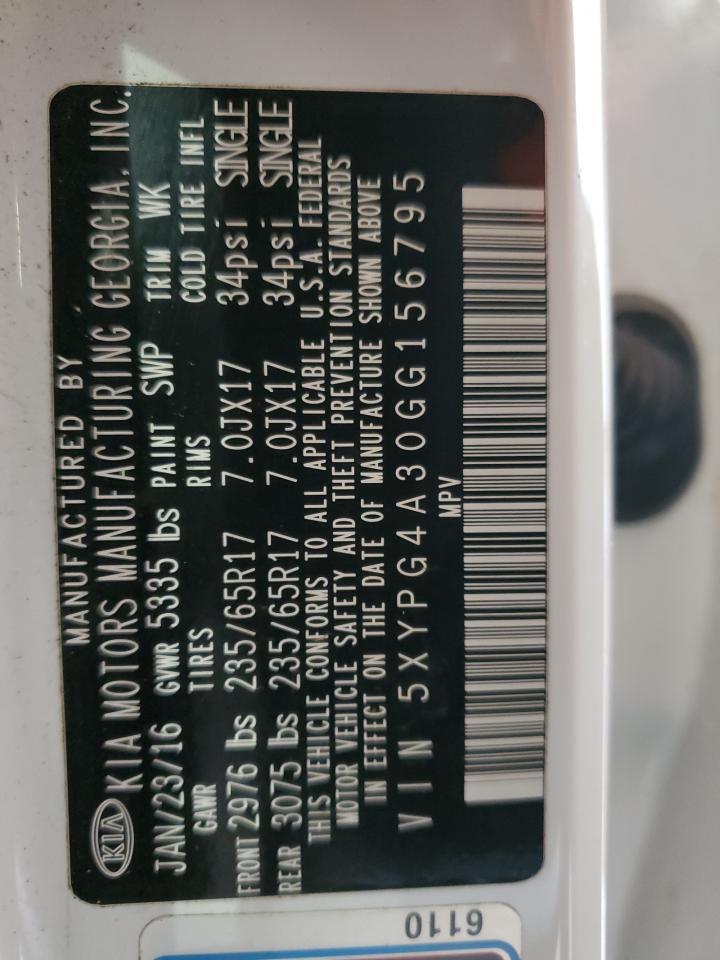 2016 Kia Sorento Lx VIN: 5XYPG4A30GG156795 Lot: 84926125