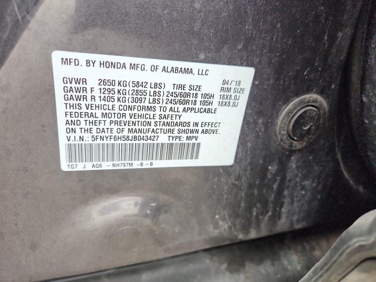 2018 Honda Pilot Exl VIN: 5FNYF6H58JB043427 Lot: 84876695
