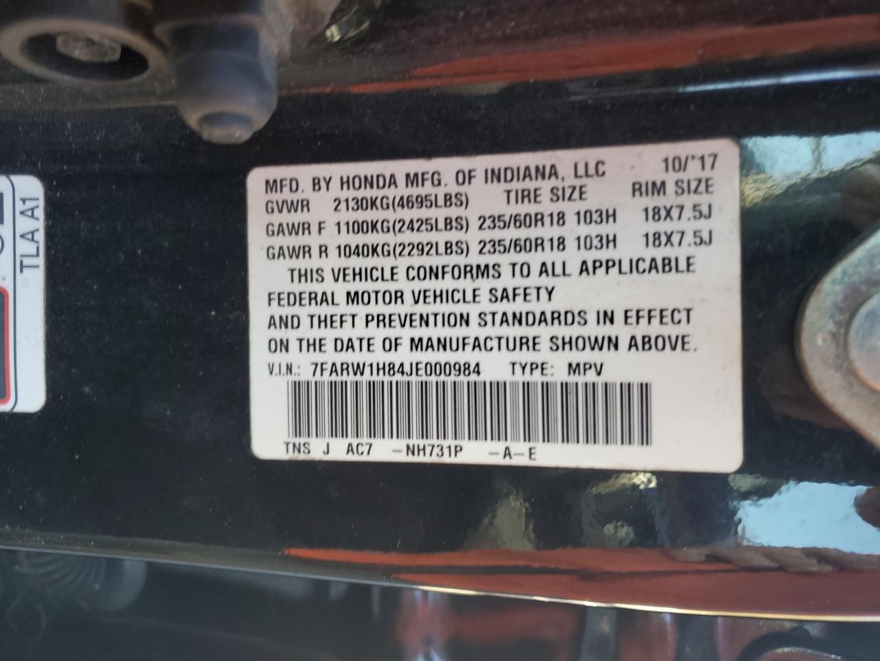 2018 Honda Cr-V Exl VIN: 7FARW1H84JE000984 Lot: 89718645