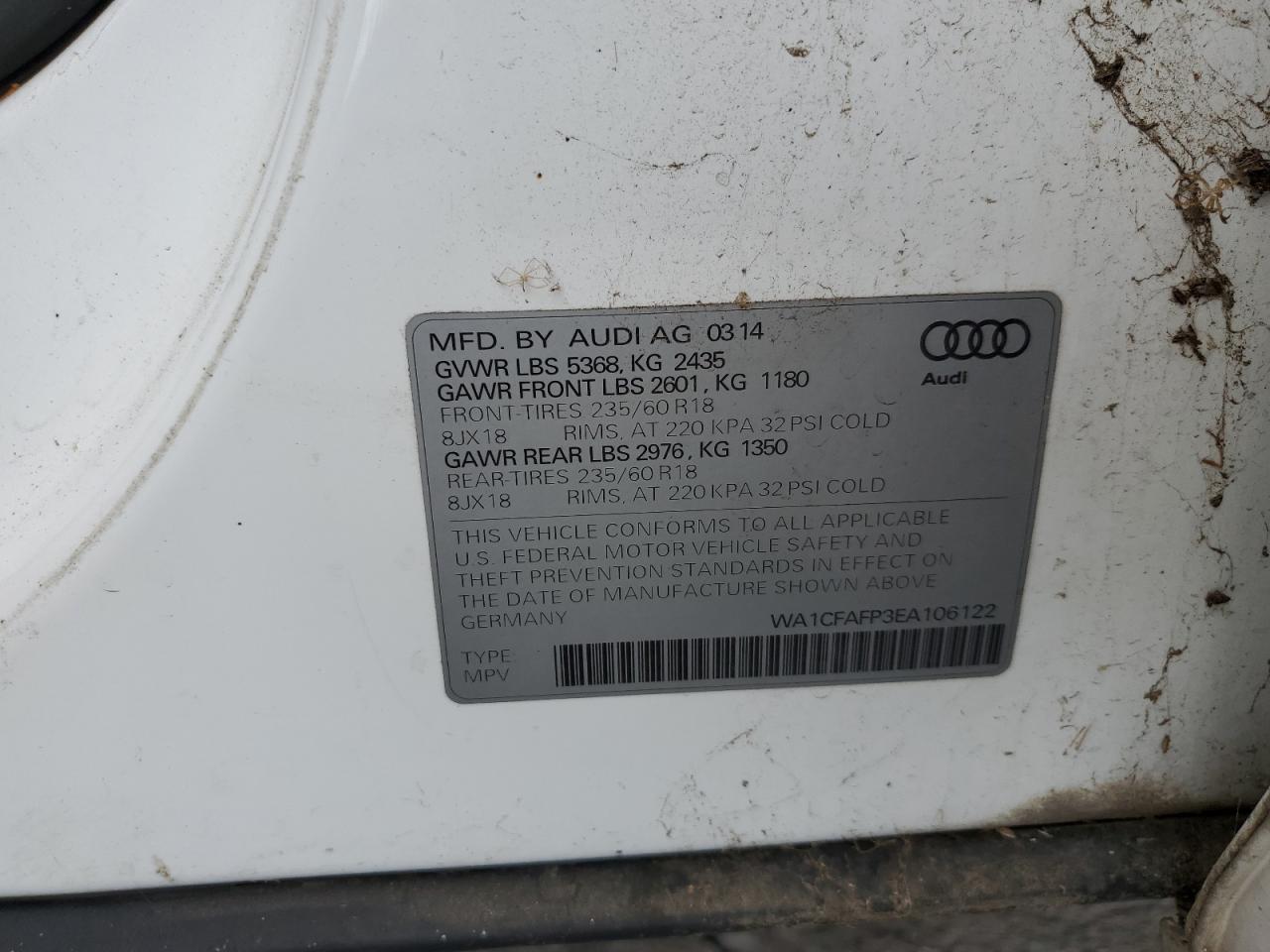 2014 Audi Q5 Premium VIN: WA1CFAFP3EA106122 Lot: 86307965
