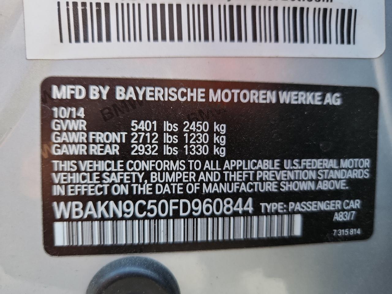 2015 BMW 550 I VIN: WBAKN9C50FD960844 Lot: 84804535