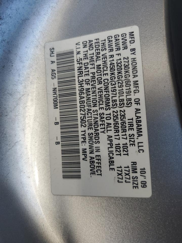 2010 Honda Odyssey Touring VIN: 5FNRL3H96AB027502 Lot: 84996085