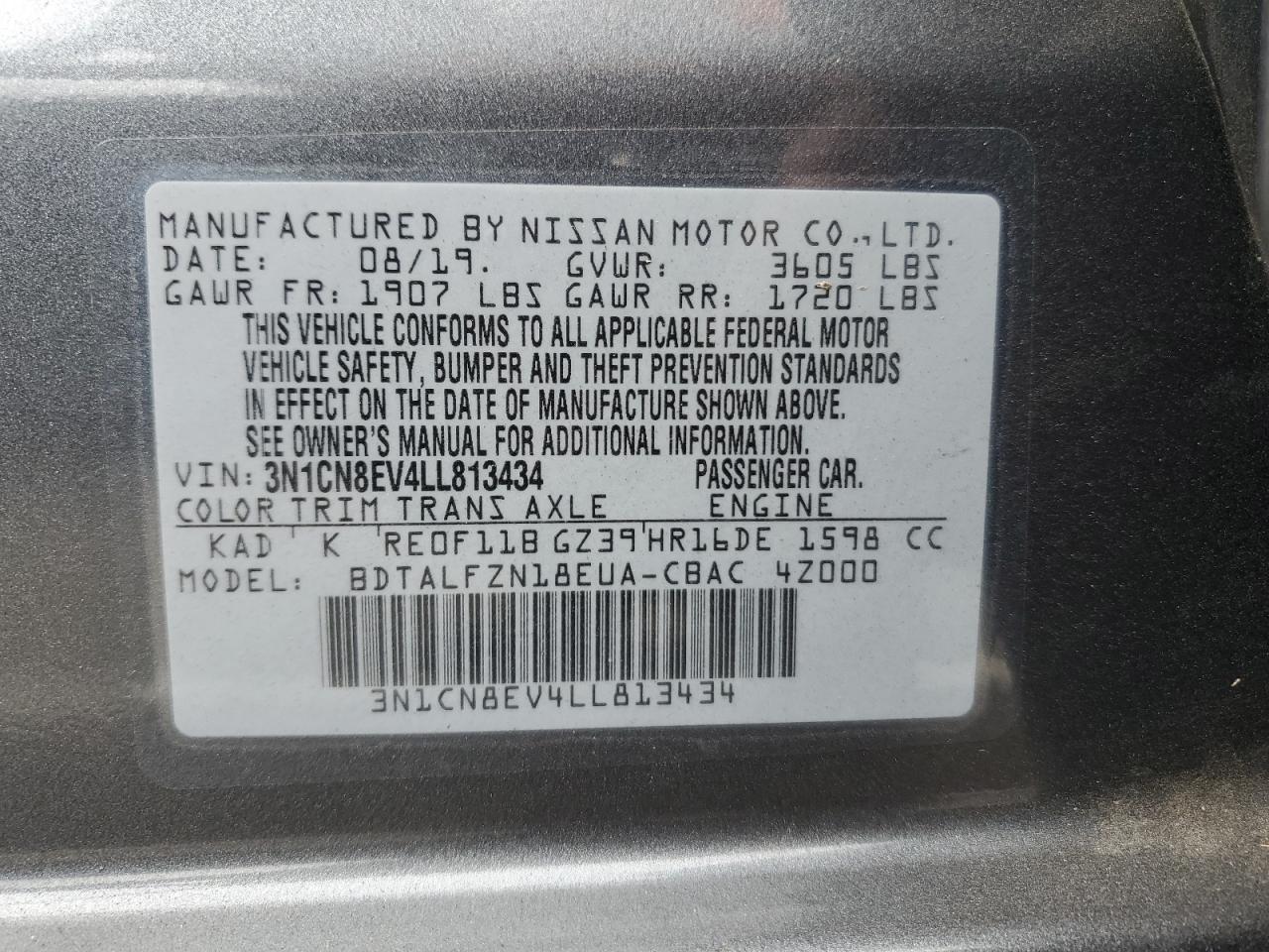 2020 Nissan Versa Sv VIN: 3N1CN8EV4LL813434 Lot: 85683455