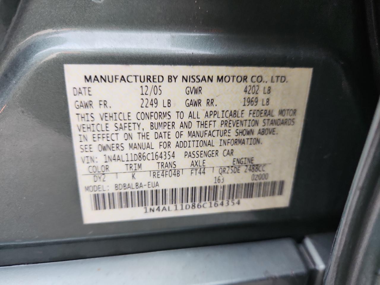 2006 Nissan Altima S VIN: 1N4AL11D86C164354 Lot: 86526035