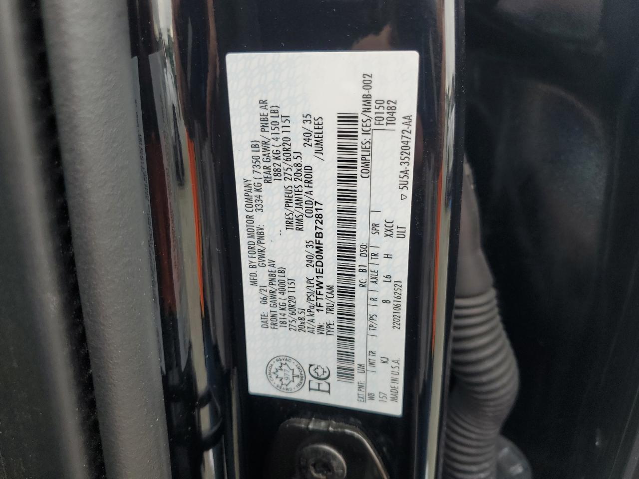 2021 Ford F150 Supercrew VIN: 1FTFW1ED0MFB72817 Lot: 84650395