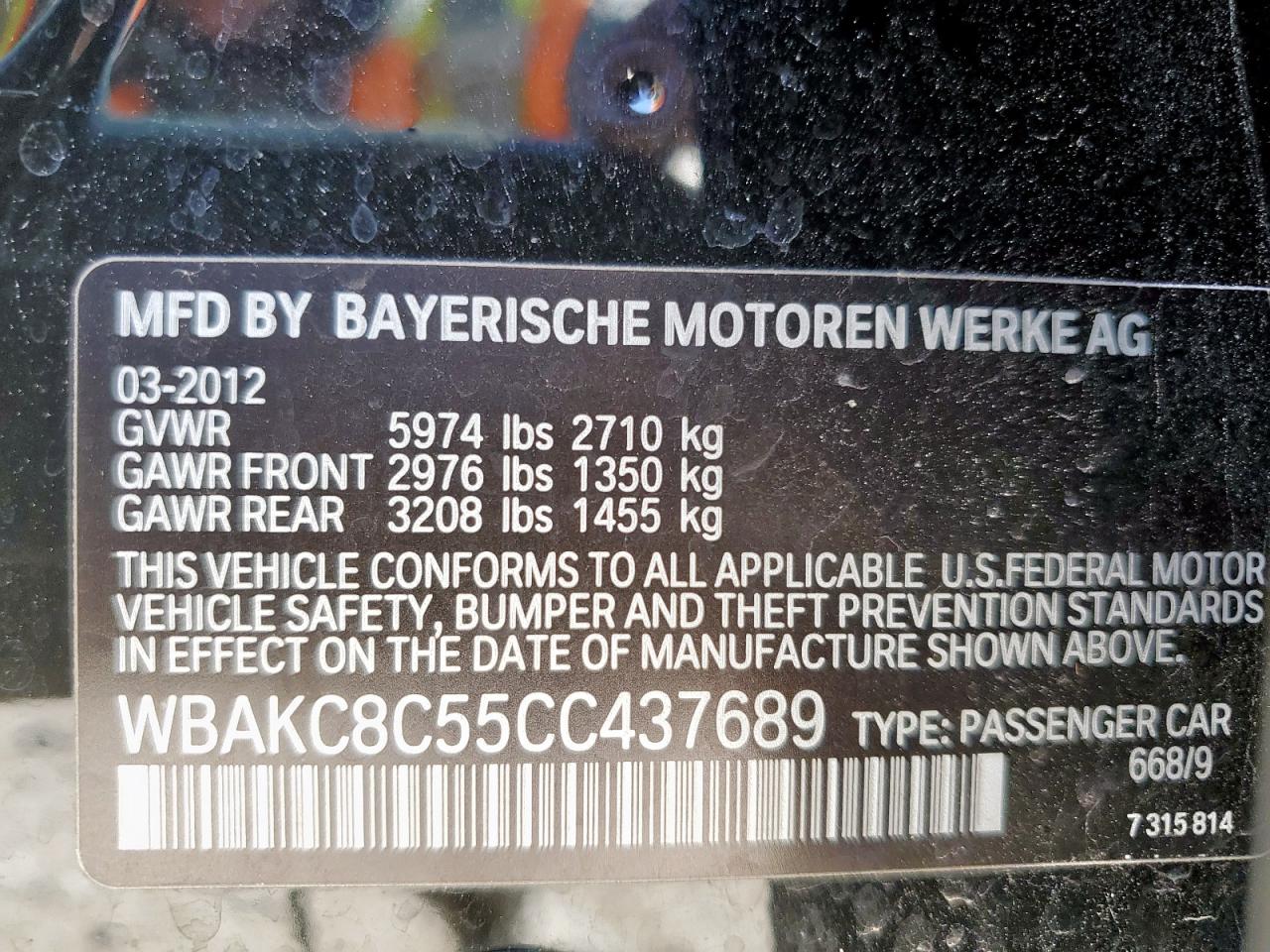 2012 BMW 750 Lxi VIN: WBAKC8C55CC437689 Lot: 86286985