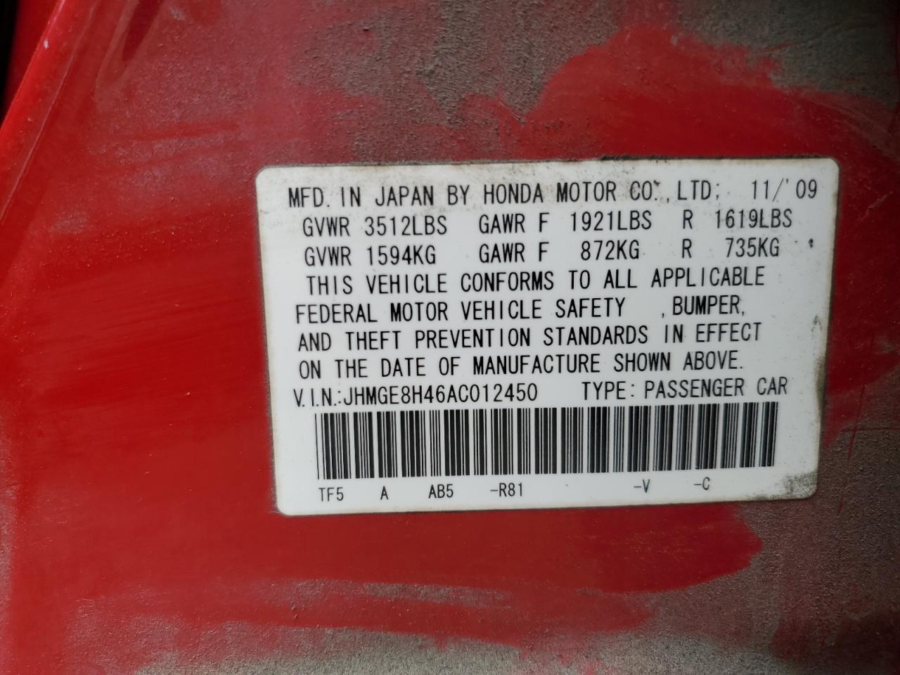 2010 Honda Fit Sport VIN: JHMGE8H46AC012450 Lot: 86597405