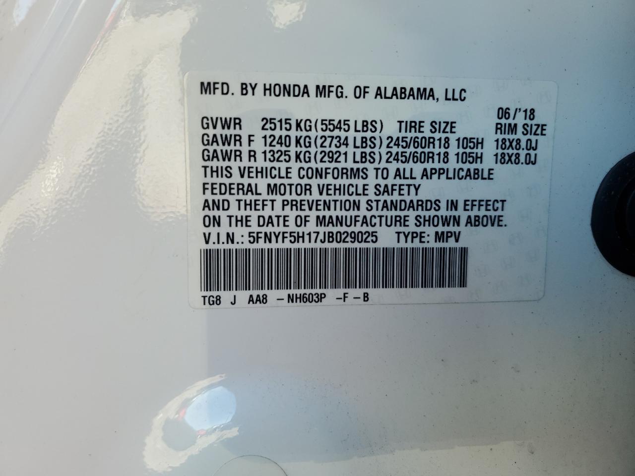 2018 Honda Pilot Lx VIN: 5FNYF5H17JB029025 Lot: 84785755