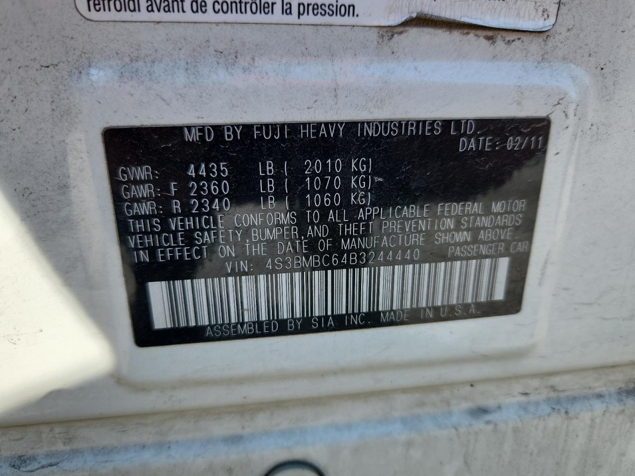 2011 Subaru Legacy 2.5I Premium VIN: 4S3BMBC64B3244440 Lot: 86790375