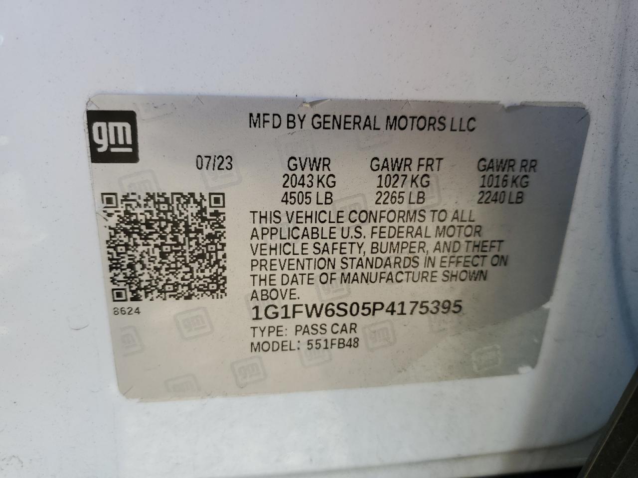 2023 Chevrolet Bolt Ev 1Lt VIN: 1G1FW6S05P4175395 Lot: 87258265